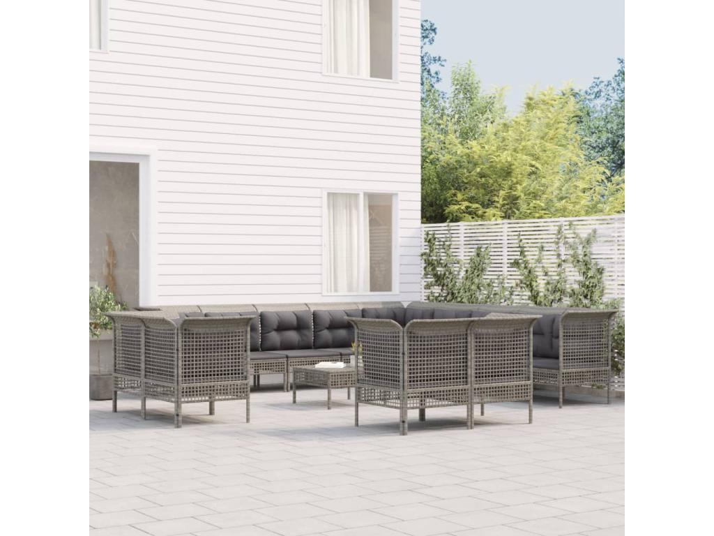 13-piece garden furniture set with cushions, grey woven resin, 34027MPZR