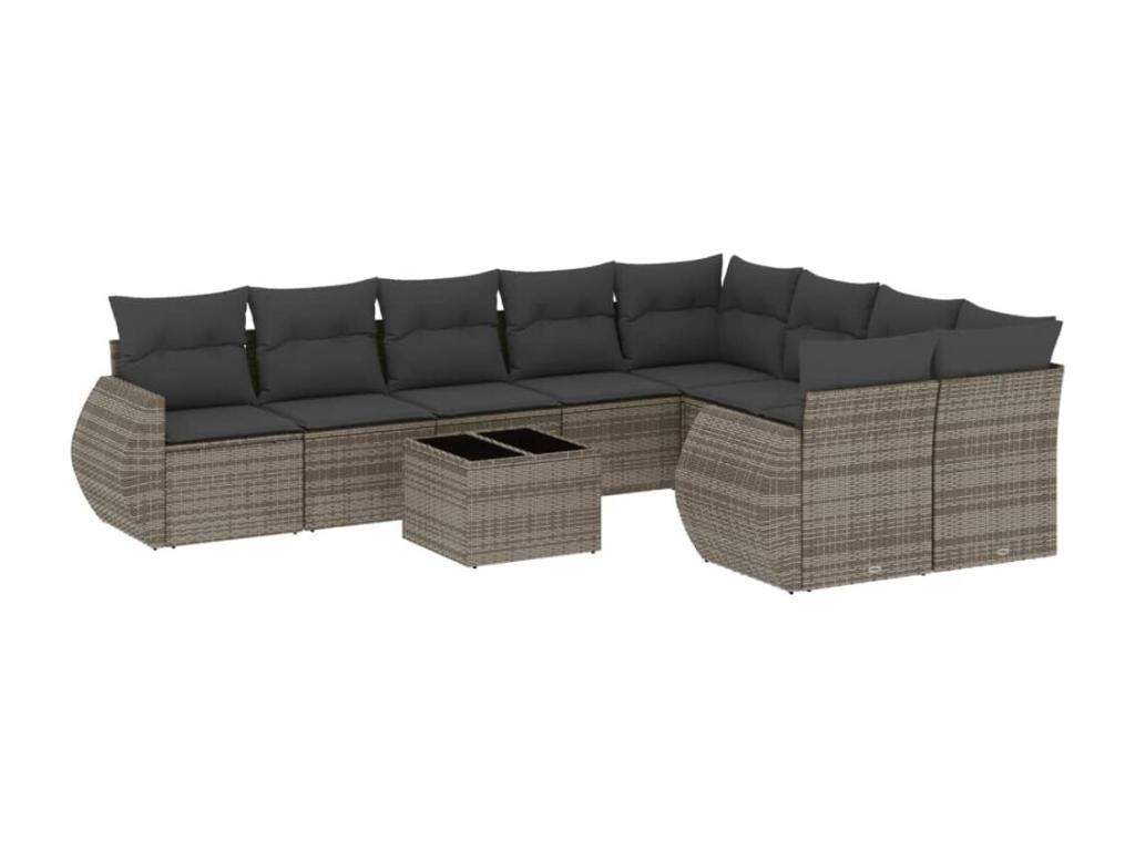 10-piece garden furniture set with cushions, grey woven resin, 54756HMWQ