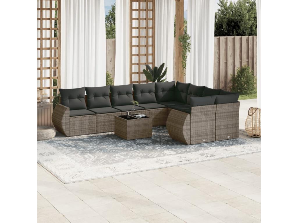 10-piece garden furniture set with cushions, grey woven resin, 54756HMWQ