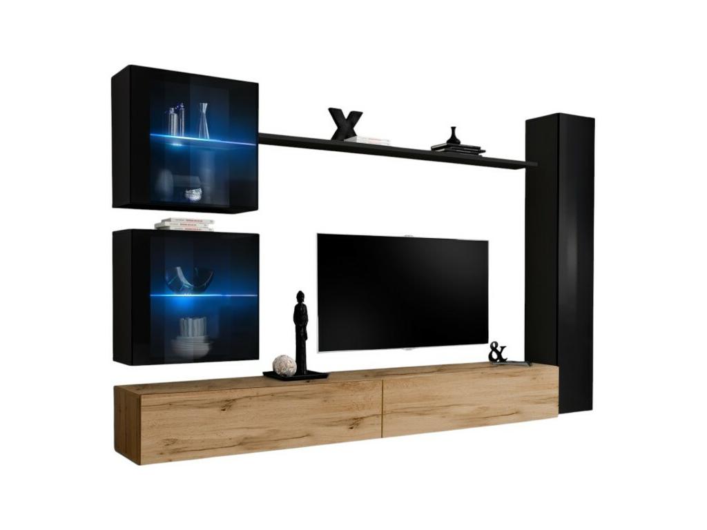 Sunmeub wall-mounted living room furniture set in Sunmeub oak and glossy black. 87043YTYV