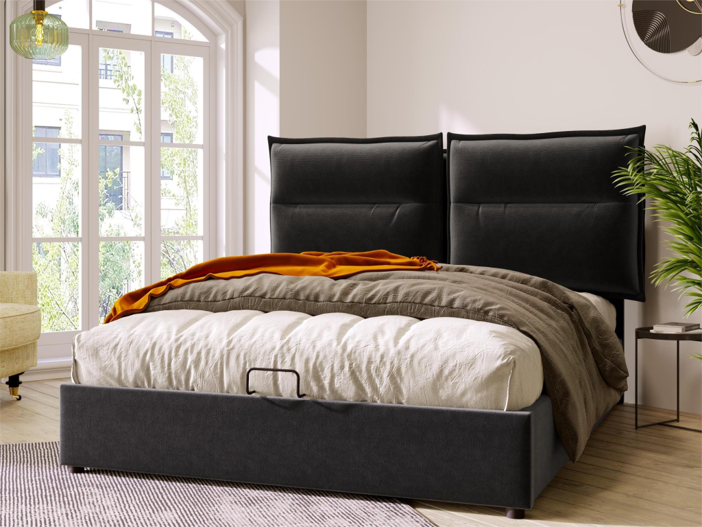 Storage bed with headboard - 140x200 cm - velvet fabric - Sunmeub slatted base - black 44533HWWQ