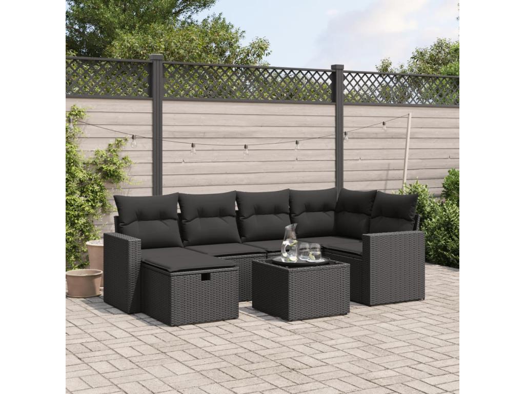 7-piece garden furniture set with cushions, black resin wicker, 92023EOGN