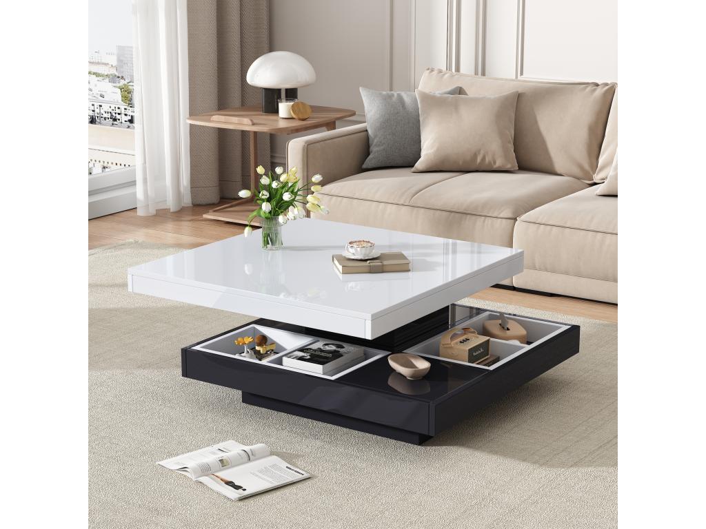 Square coffee table with 4 compartments and a rotating top - 70x70x36 cm - Particleboard - Black and white 90036LWKE