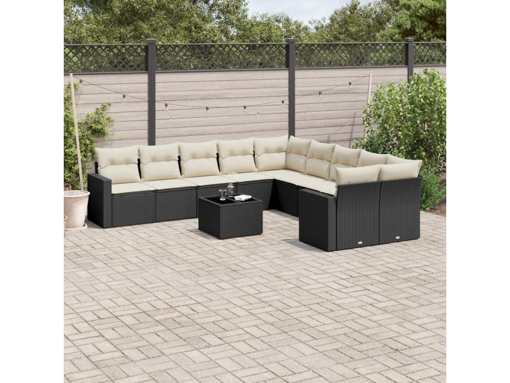 11-piece garden furniture set with cushions, black resin wicker, 98740VFLA