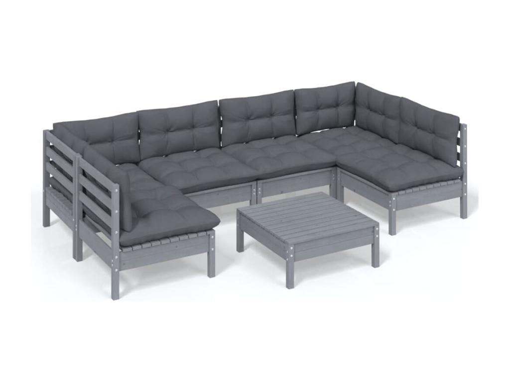 7-piece garden furniture set with grey cushions, solid pine wood 68568GPWS