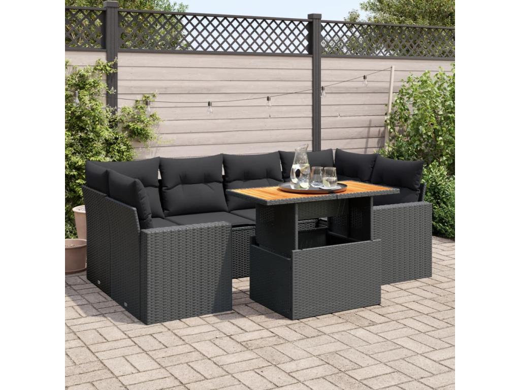 7-piece garden furniture set with cushions, black resin wicker, 87527TQNW