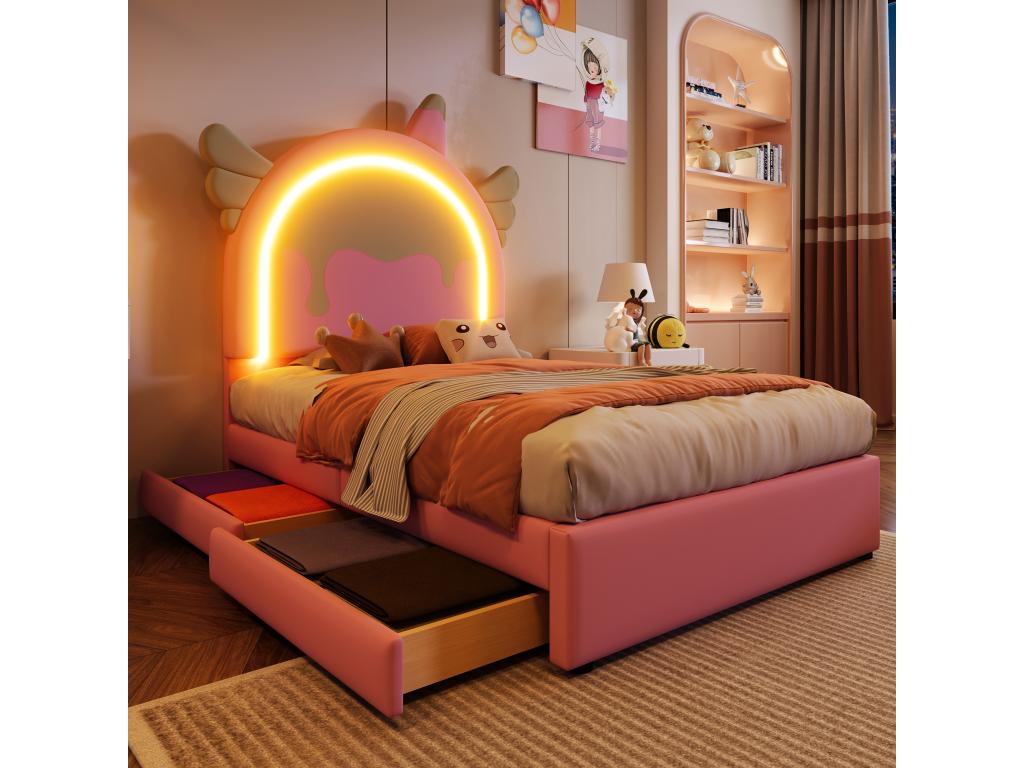 Upholstered single bed in faux leather 90x200 cm - with LED and 2 drawers - Pink 45489YOUJ