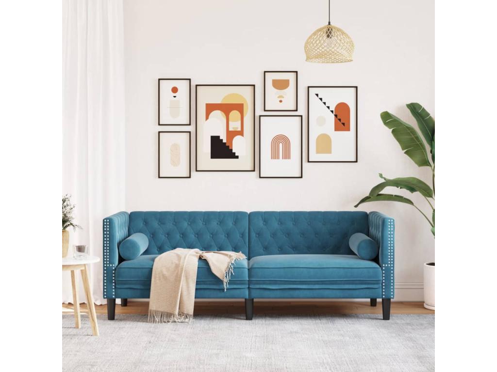 Sunmeub 3-seater sofa with bolsters, blue velvet, 74839OPPE