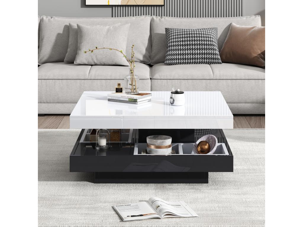 Square coffee table with 4 compartments and a rotating top - 70x70x36 cm - Particleboard - Black and white 90036LWKE