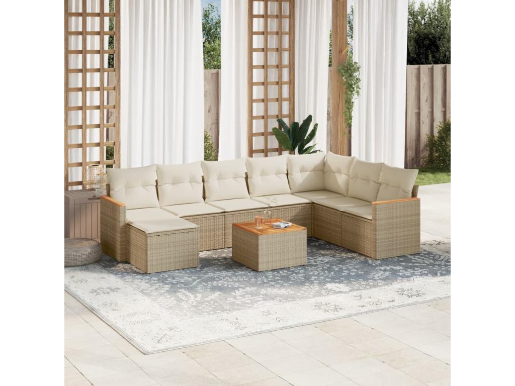 9-piece garden furniture set with cushions, beige woven resin, 14433YUKL
