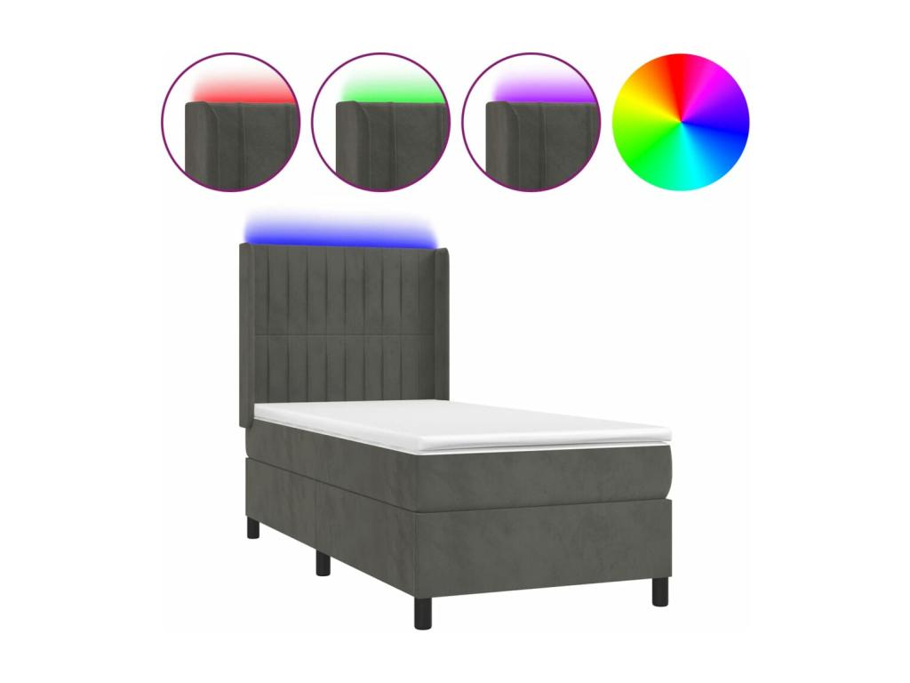 Upholstered bed base and mattress with LED lighting, dark grey, 80x200cm, velvet, 10192JYDZ