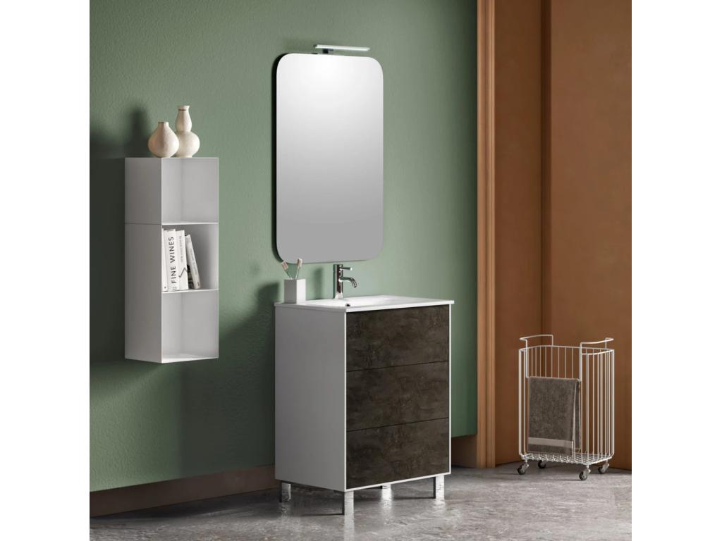 Sunmeub bathroom vanity unit with 3 drawers in white and grey lacquer and Sunmeub illuminated mirror, 60cm wide, 76685TOHO