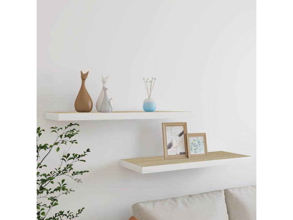 Floating shelves, 2 pcs, oak and white, 80x23.5x3.8 cm, MDF, 19673EKJD