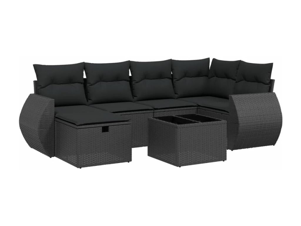 7-piece garden furniture set with cushions, black resin wicker, 74361TFRG