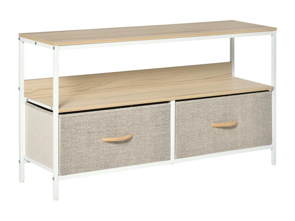 Low TV stand on legs, industrial style, 2 drawers, grey fabric, steel, white MDF, light wood, 20417SZOO