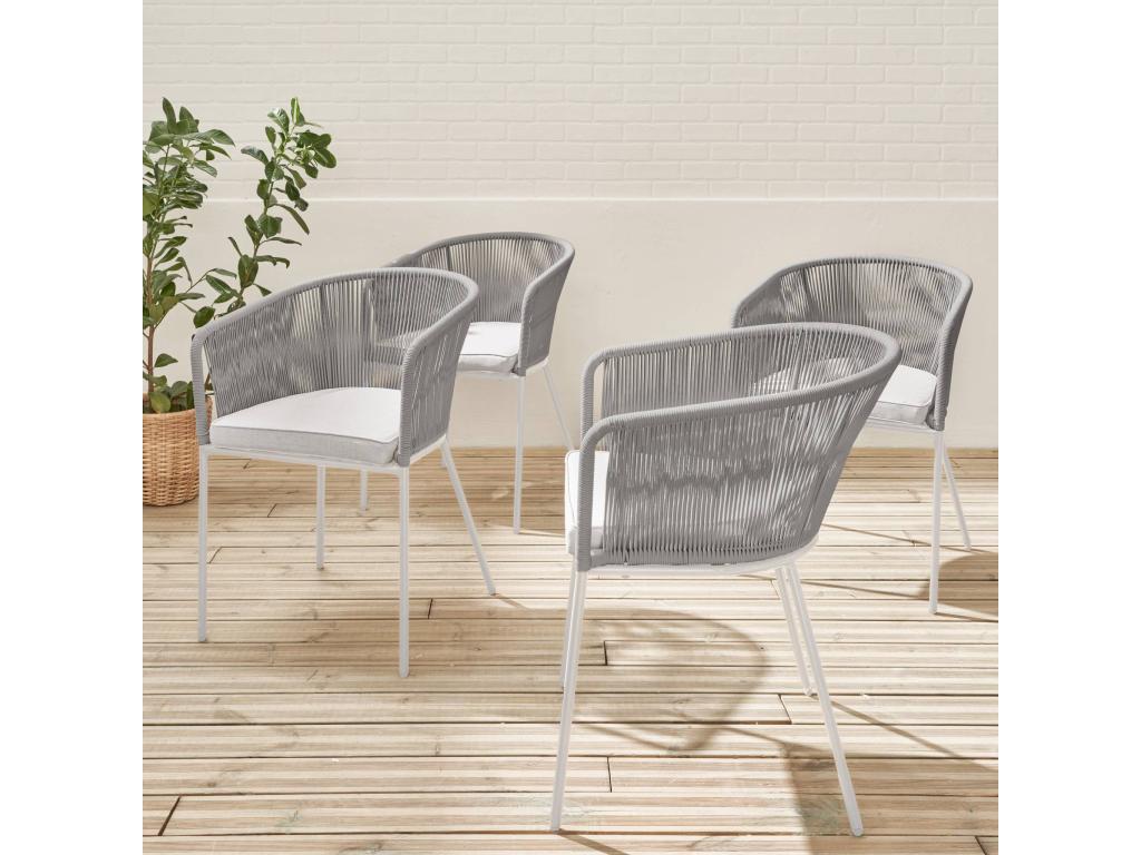 Set of 4 garden chairs in beige rope and galvanized steel - beige cushions 60713CYWT