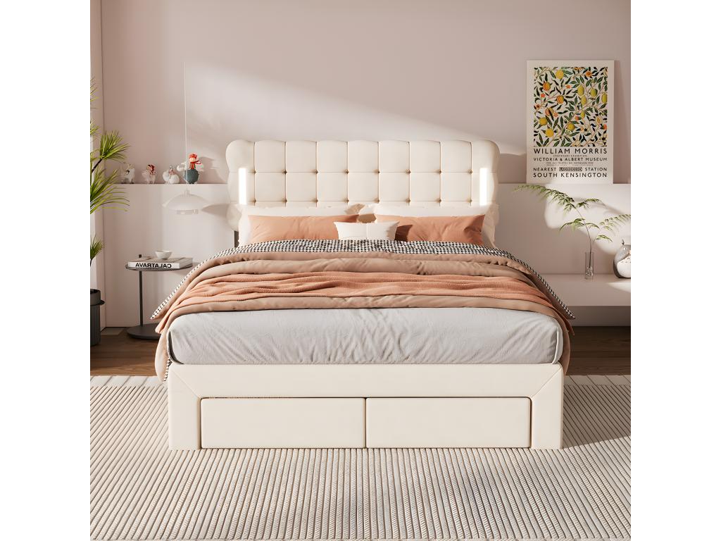 140 x 200cm flat quilted bed with lighting on both sides, four drawers at the foot of the bed, beige 07592THAZ