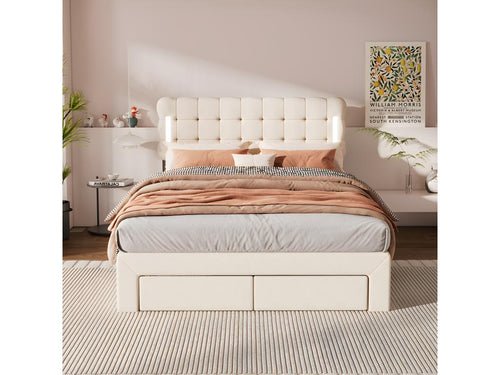 140 x 200cm flat quilted bed with lighting on both sides, four drawers at the foot of the bed, beige 07592THAZ