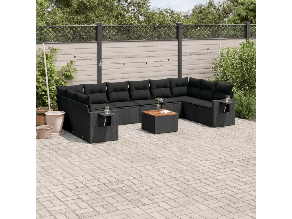 11-piece garden furniture set with cushions, black resin wicker, 98264ESSV