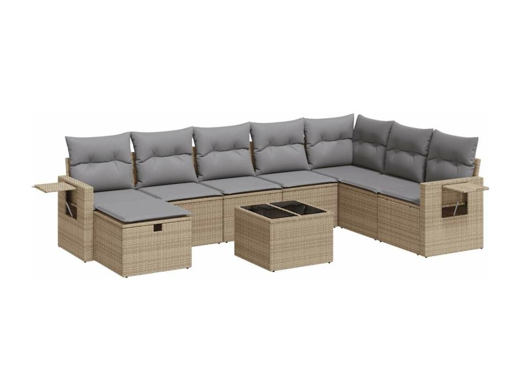 9-piece garden furniture set with cushions, beige woven resin, 23405IFLI