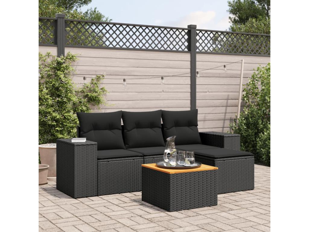 5-piece garden furniture set with cushions, black resin wicker, 23302KYDV
