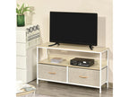 Low TV stand on legs, industrial style, 2 drawers, grey fabric, steel, white MDF, light wood, 20417SZOO