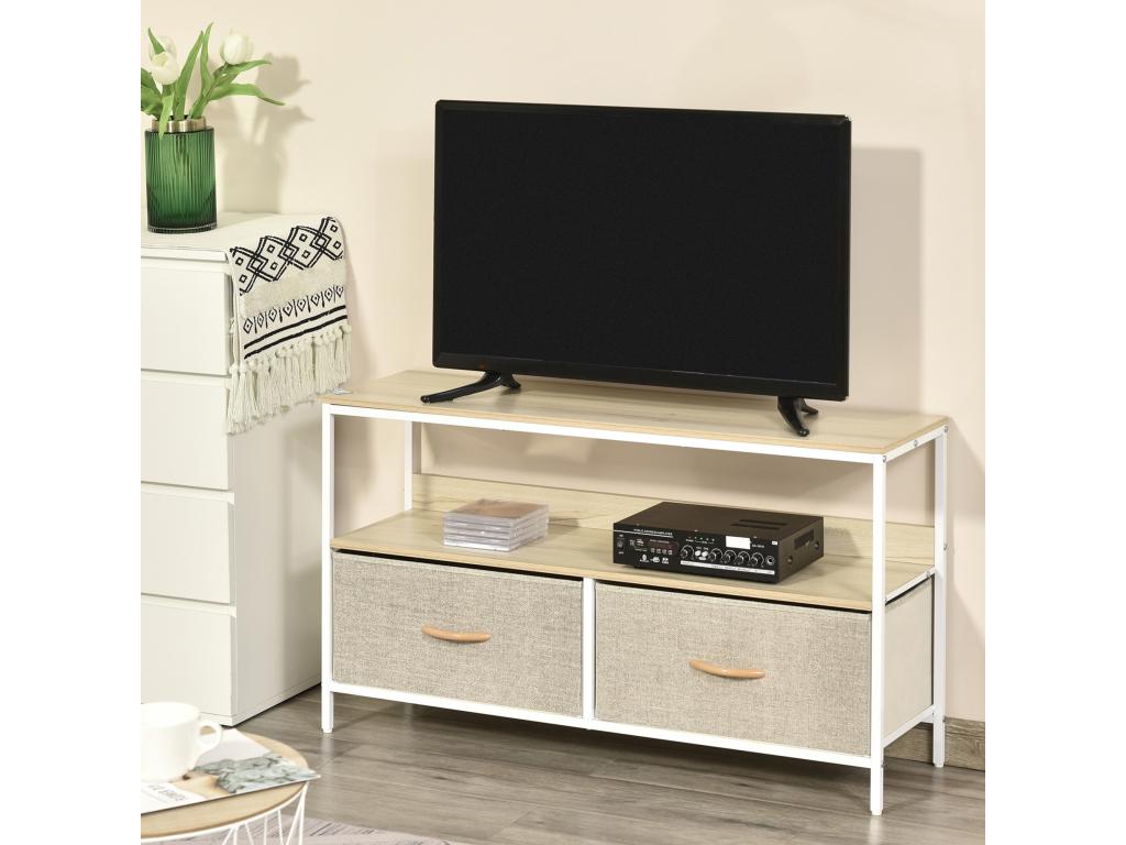 Low TV stand on legs, industrial style, 2 drawers, grey fabric, steel, white MDF, light wood, 20417SZOO
