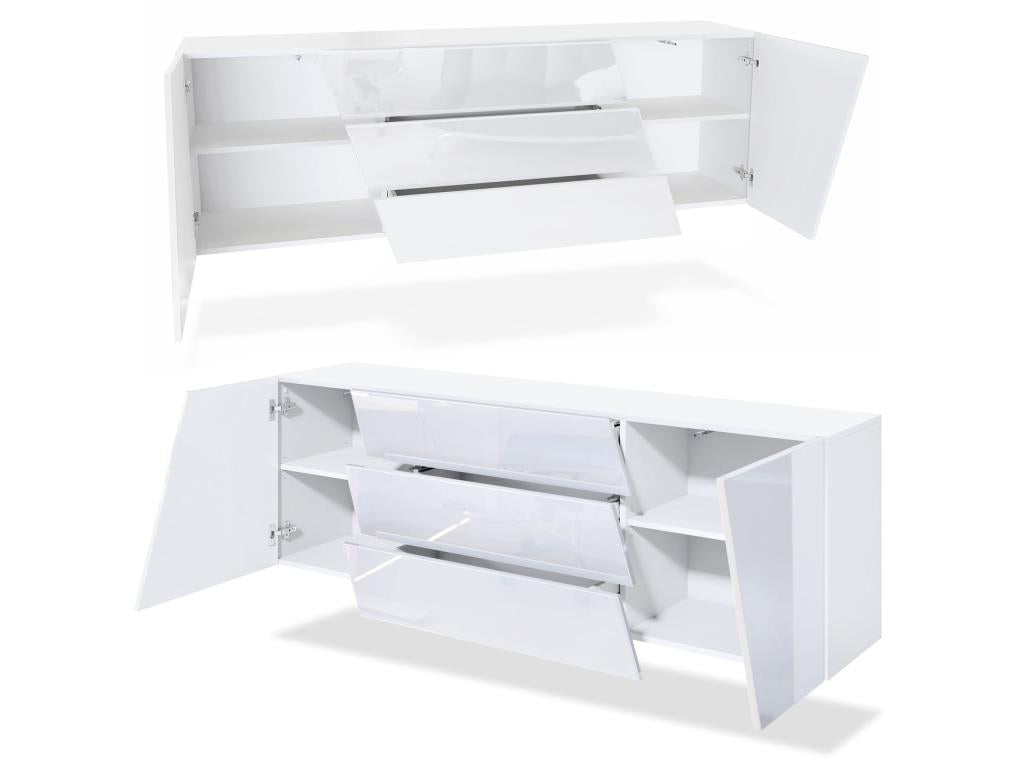 Wall-Mounted Buffet, Matte White Body, Glossy White Fronts, High-Gloss Black Central Drawer with LED Lighting 33046ZKFY