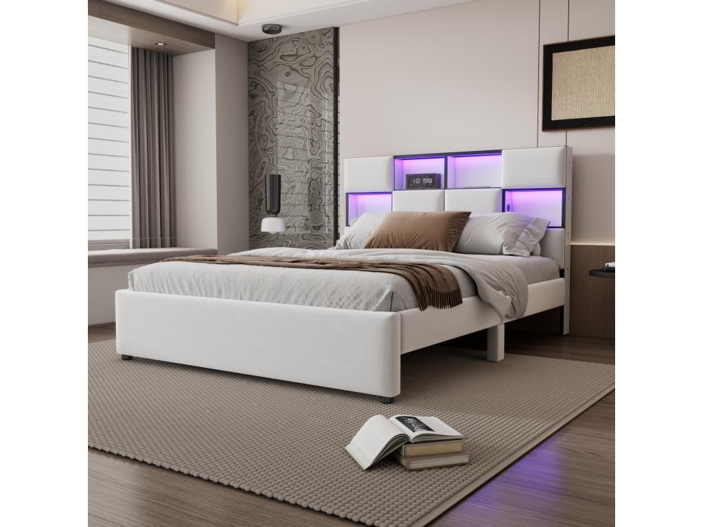 Double adult bed with ambient LED lighting, flat bed with slatted base by Sunmeub and headboard with USB port, beige, 140x200cm, 29514BCJU