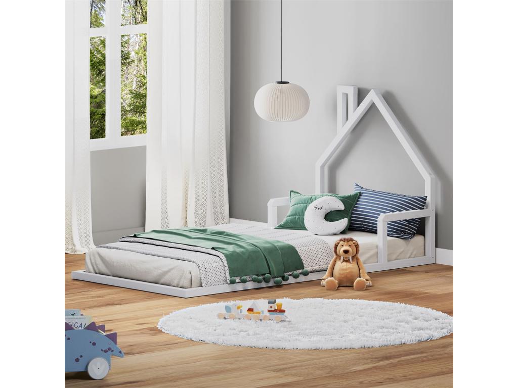 Sunmeub Montessori-style children's floor bed, 90x200 cm, with a house-shaped headboard in solid white-stained wood, 63446EIMP