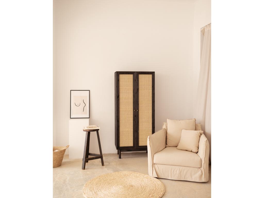 Fir wood wardrobe with black rattan weave, 180x80cm - Sunmeub 43434RIRW