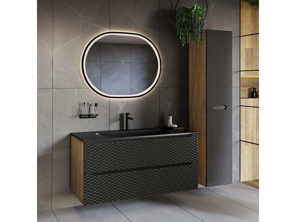 Sunmeub Black and Wood 56600YHLA Single Vanity Unit with Built-in Sink, 120cm, 2 Drawers and Tall Cabinet