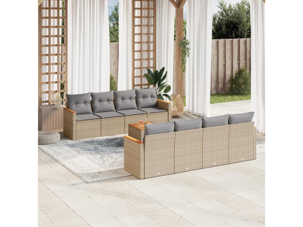 9-piece garden furniture set with cushions, beige wicker resin, 91406NXJT