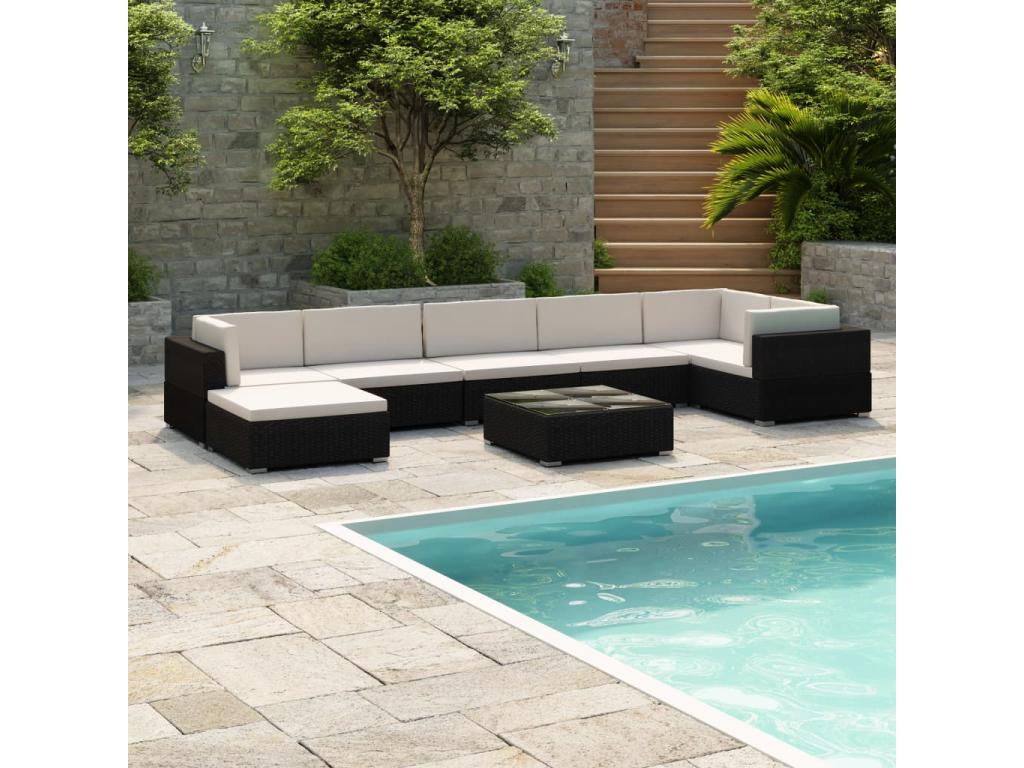 8-piece garden furniture set with cushions, black wicker resin, 52640DQQM