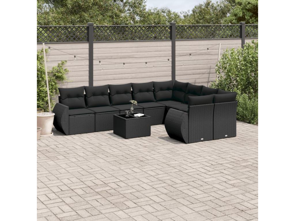 10-piece garden furniture set with cushions, black resin wicker, 37175PJJD