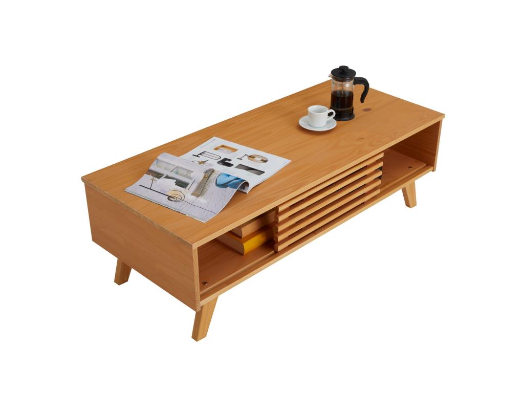 Sunmeub coffee table, rectangular vintage design living room table with 4 niches and slatted sliding doors in stained/waxed pine 43471EYTY