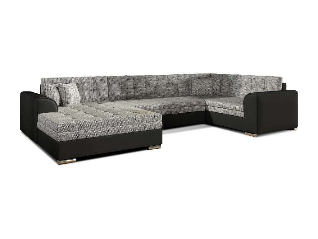 Panoramic convertible sofa in heather grey fabric and black faux leather, chaise longue on the left, Homeboisstore, 340cm, 57164DIMW