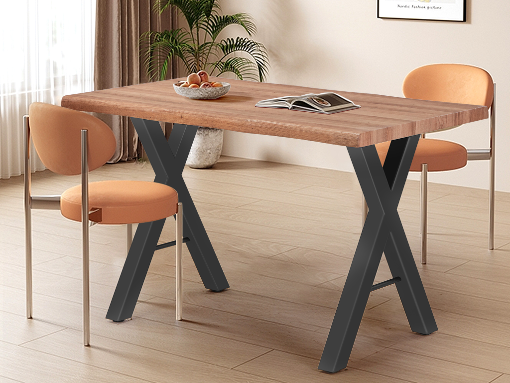 Solid wood dining table - seats 4 to 6 - steel legs - dark natural color 84380RZMZ