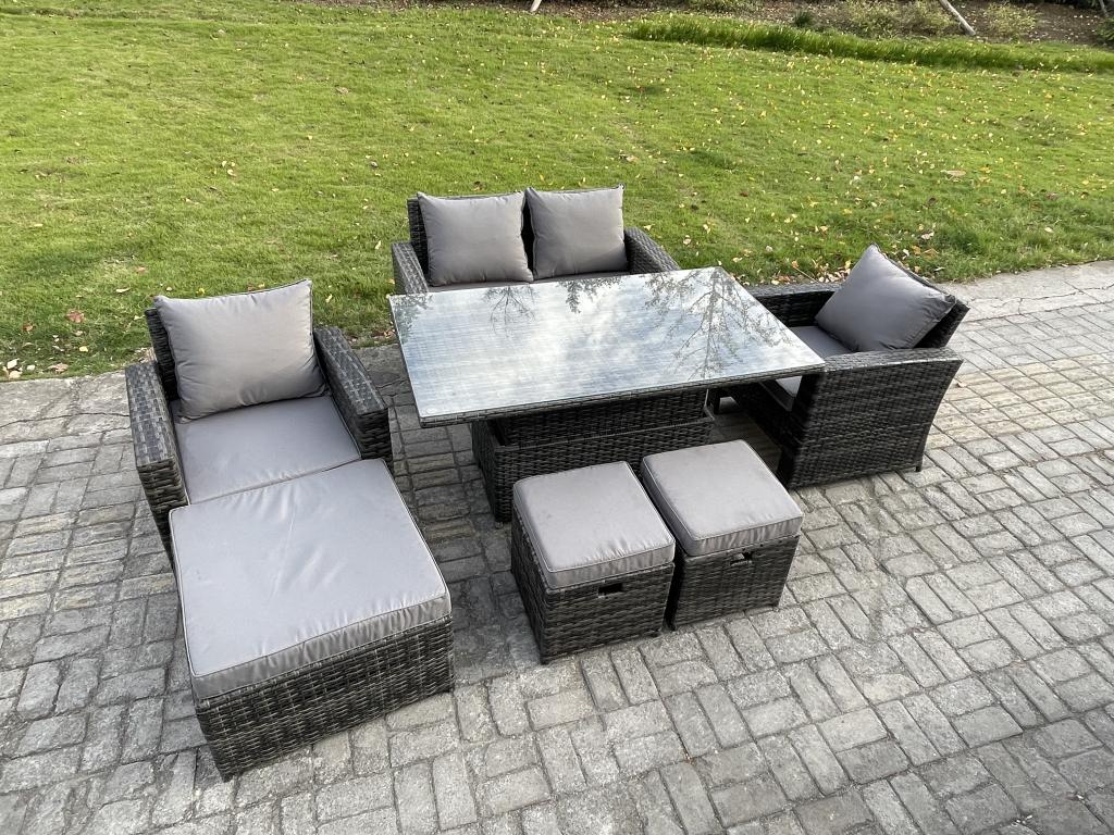 7-Seater Rattan Garden Furniture Set with Lift-Top Table and 3 Stools, Dark Grey, 69193BRCT