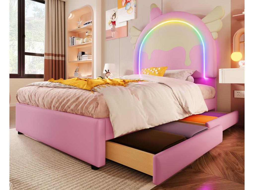 Upholstered single bed in faux leather 90x200 cm - with LED and 2 drawers - Pink 45489YOUJ