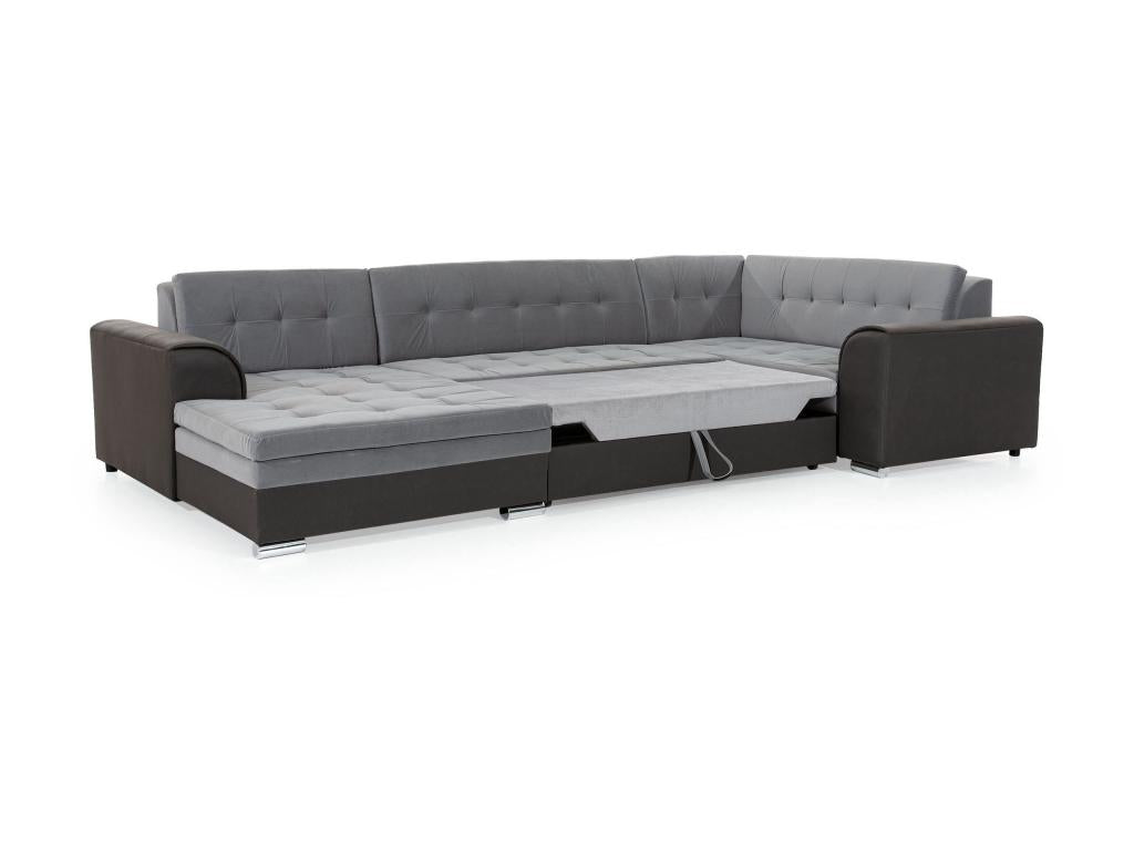 Panoramic convertible sofa in heather grey fabric and black faux leather, chaise longue on the left, Homeboisstore, 340cm, 57164DIMW