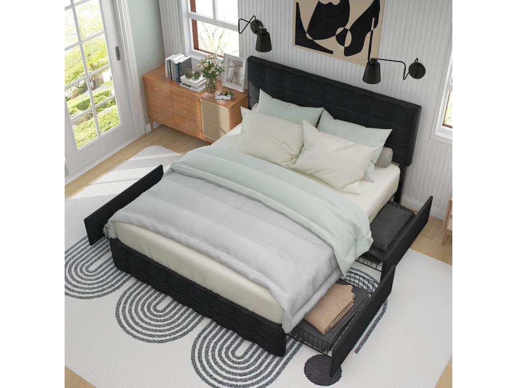 Bed with drawers, double storage bed - black 140x200 cm - Sunmeub 08396VOLM