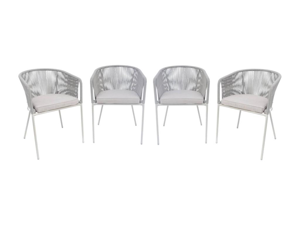Set of 4 garden chairs in beige rope and galvanized steel - beige cushions 60713CYWT