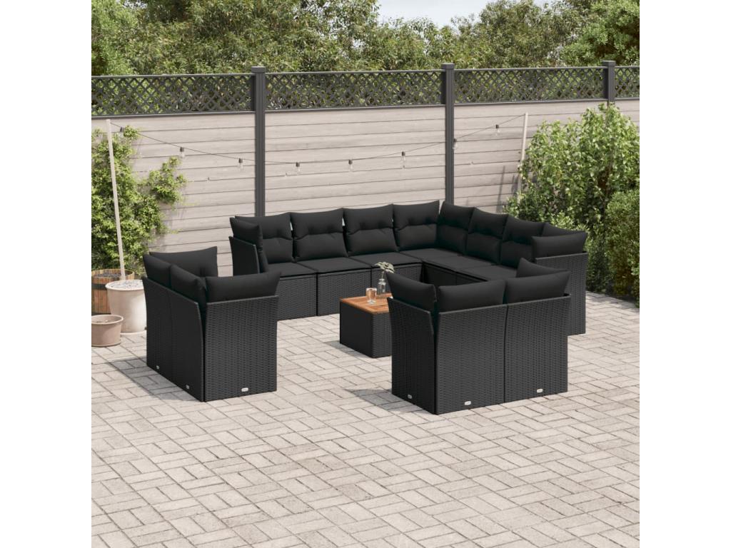 12-piece garden furniture set with cushions, black resin wicker, 42130QFBS