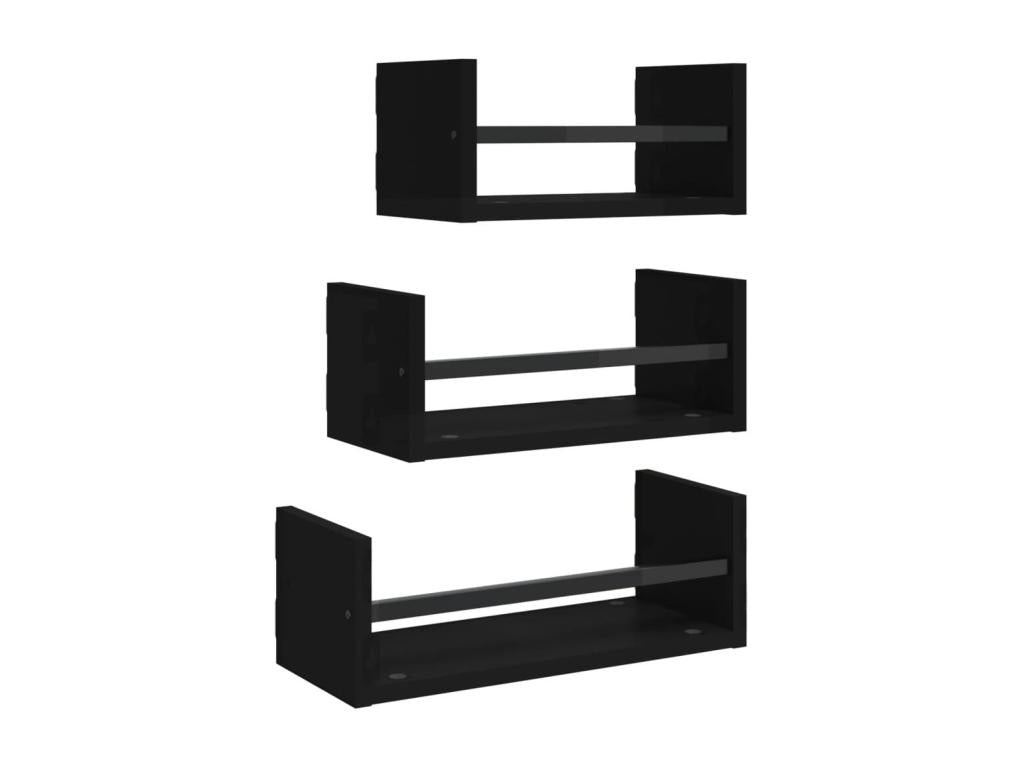 Set of 3 black engineered wood wall-mounted shelves with bars, 63708OPLW