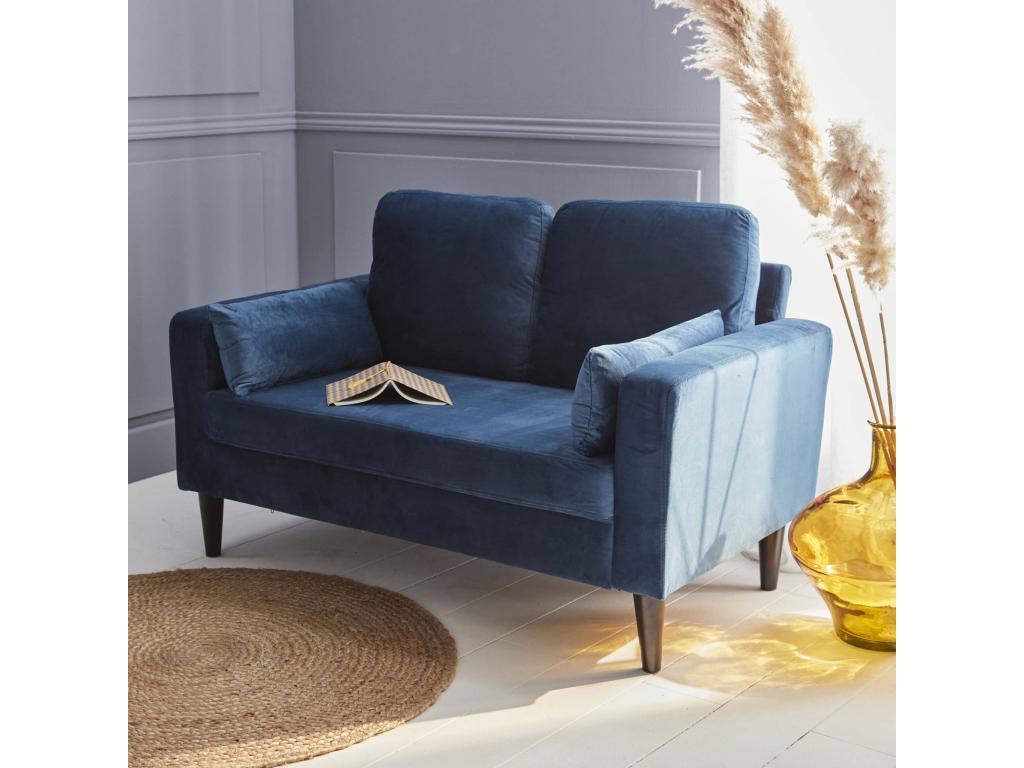 Blue velvet sofa - Sunmeub - Fixed 2-seater sofa with straight front and wooden legs, Scandinavian style 73651ACCQ