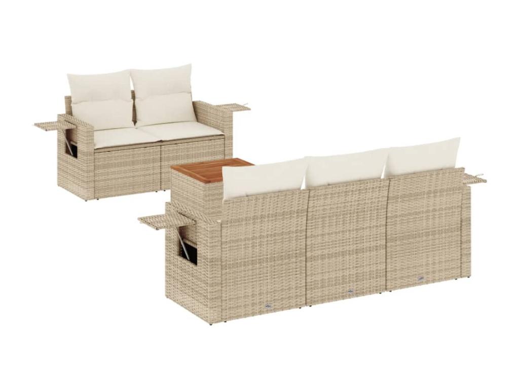 6-piece garden furniture set with cushions, beige woven resin, 35076HDOC