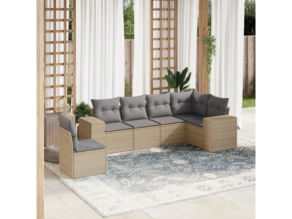 6-piece garden furniture set with cushions, beige woven resin, 13737TUEY