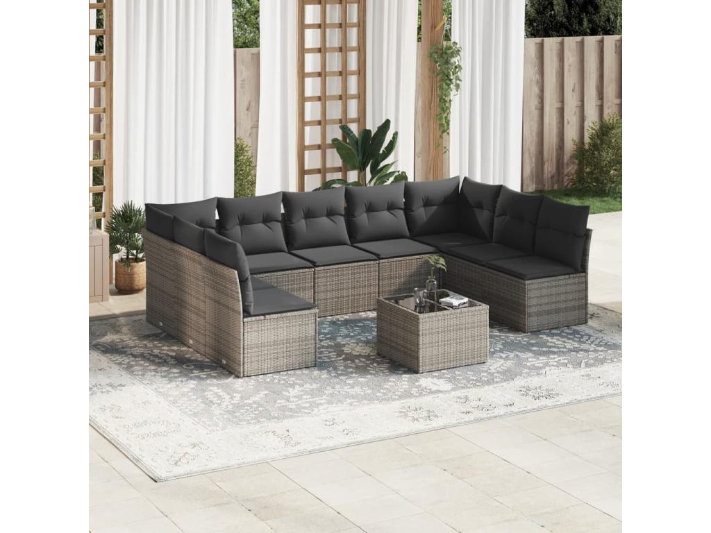 10-piece garden furniture set with cushions, grey woven resin, 92771PNRI