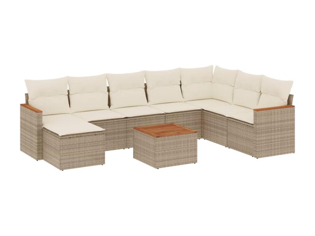 9-piece garden furniture set with cushions, beige woven resin, 14433YUKL